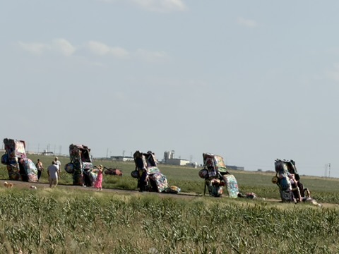 The buried cars of Cadillac Ranch viewed across the field