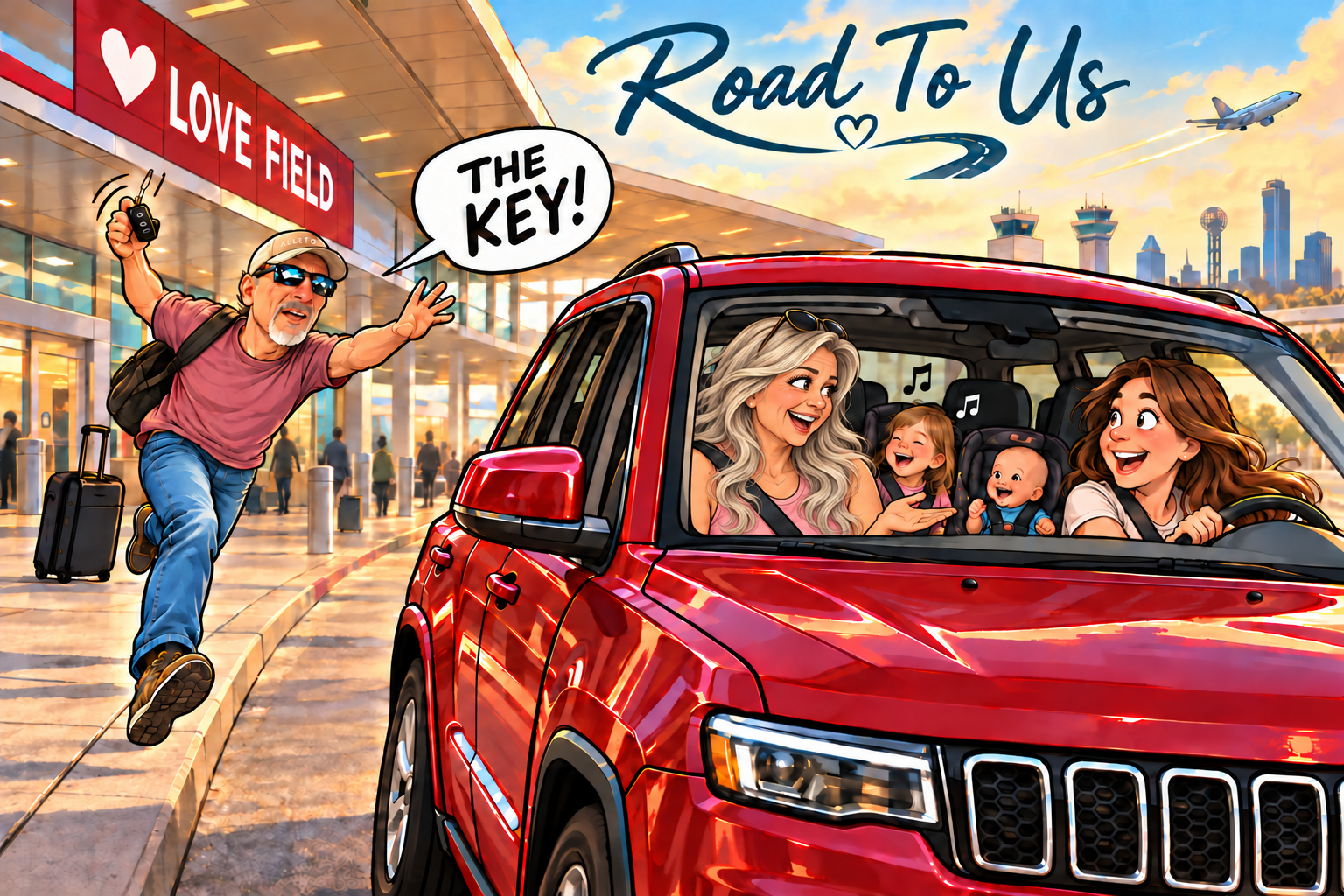 Ken runs back with the car key at Dallas Love Field while Mel talks to Kelsey in their red Jeep, with Rory and baby Levi in the back.