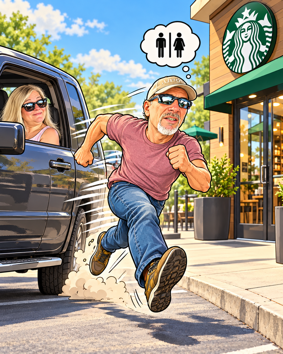 A cartoon of Ken hurrying from the truck into Starbucks for an urgent bathroom stop while Melissa watches from the passenger seat